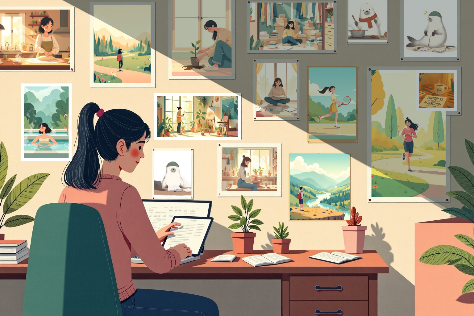 Girl researching at the desk, posters with different hobby ideas on the wall