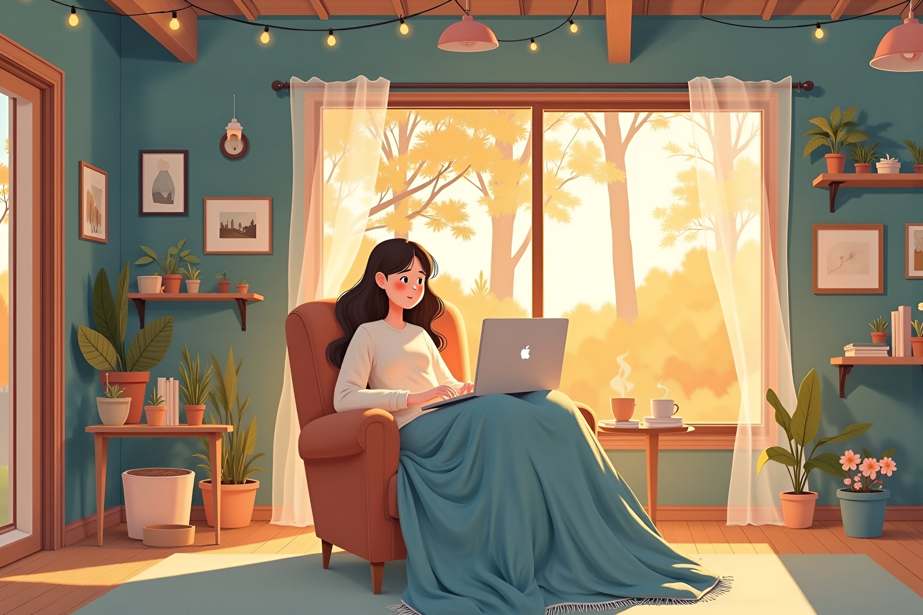 lady working at home in a cozy environment - slow hustle, sealy life