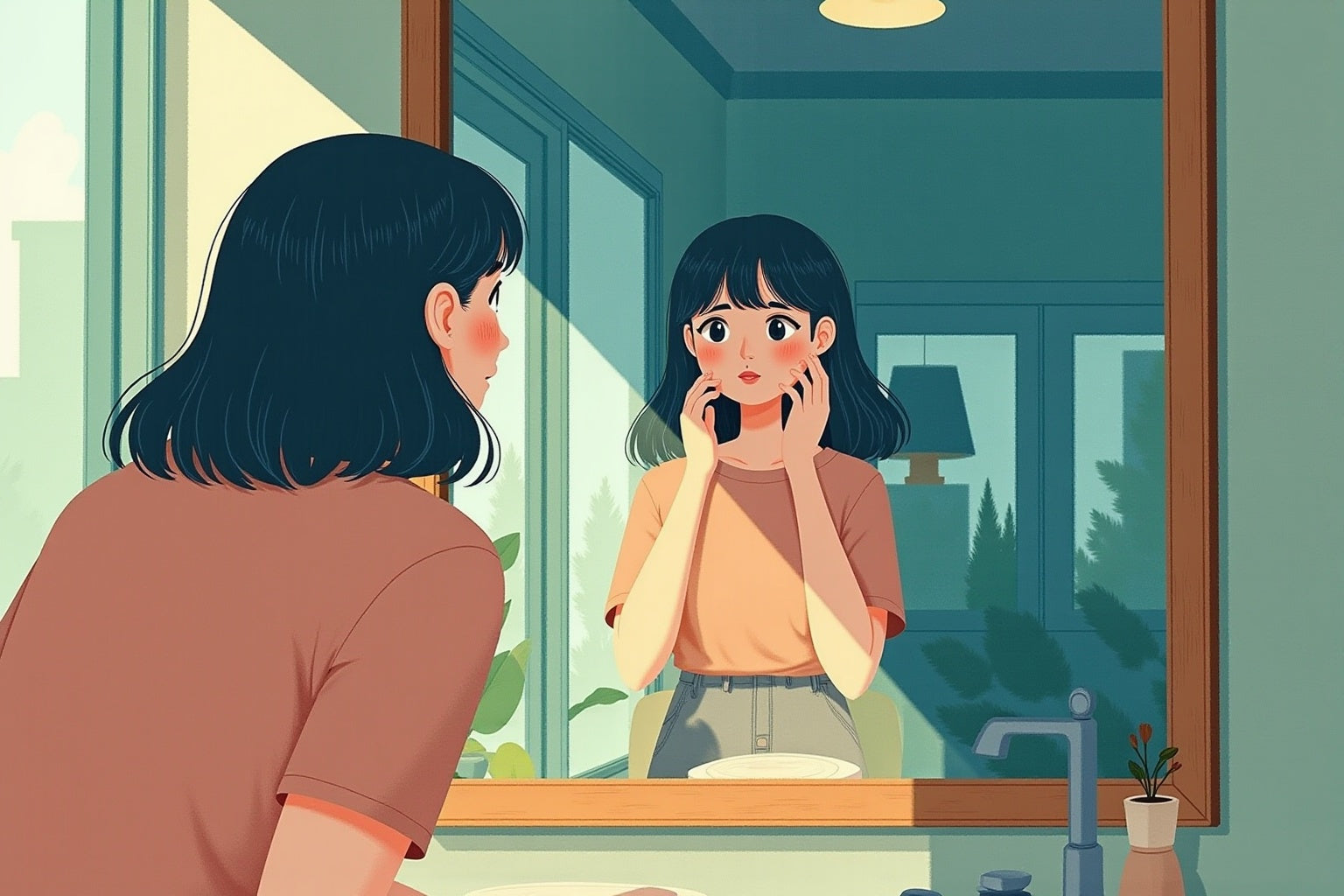 girl looking at the mirror as if she's not recognizing herself