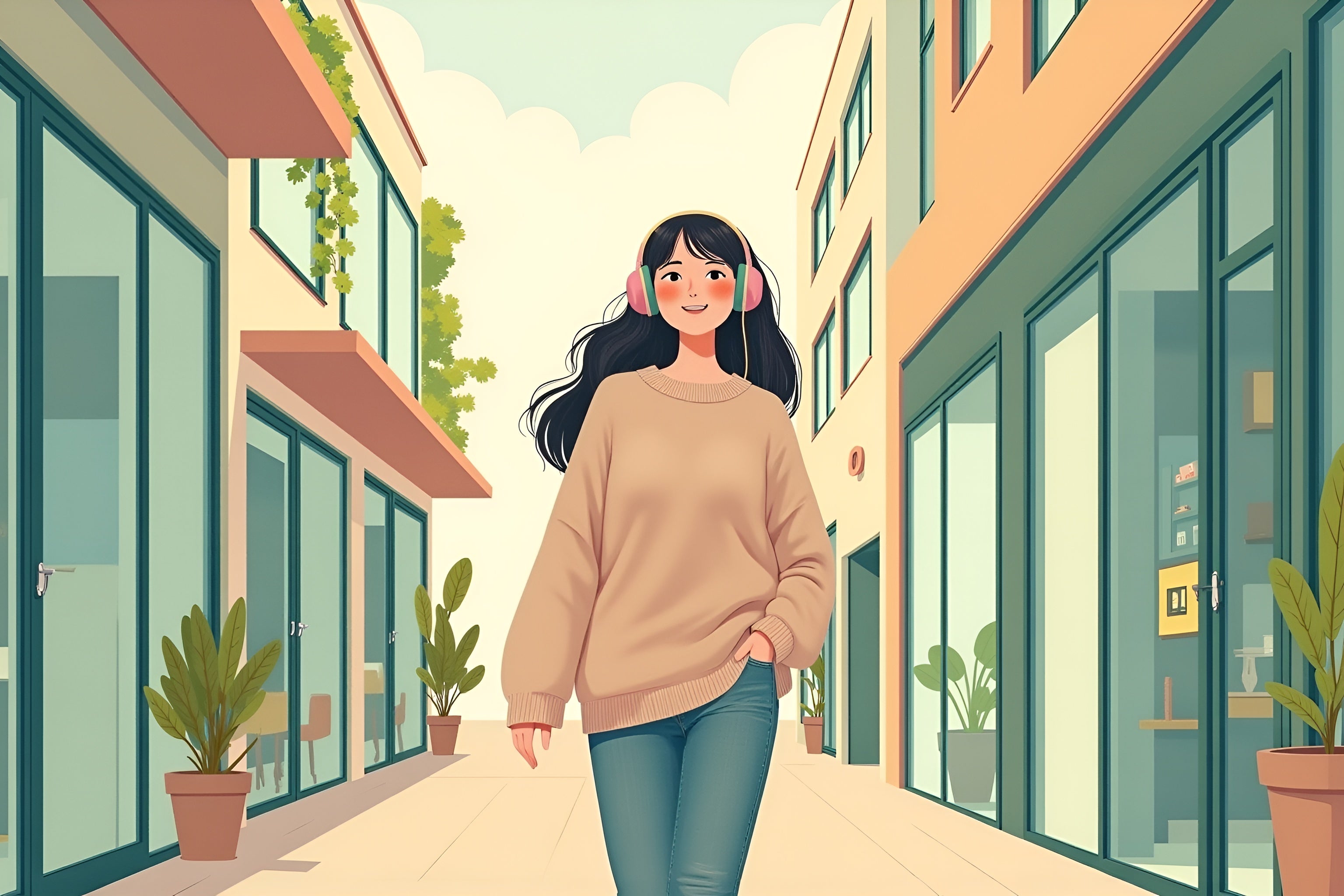 a girl is walking down the street looking confident and happy