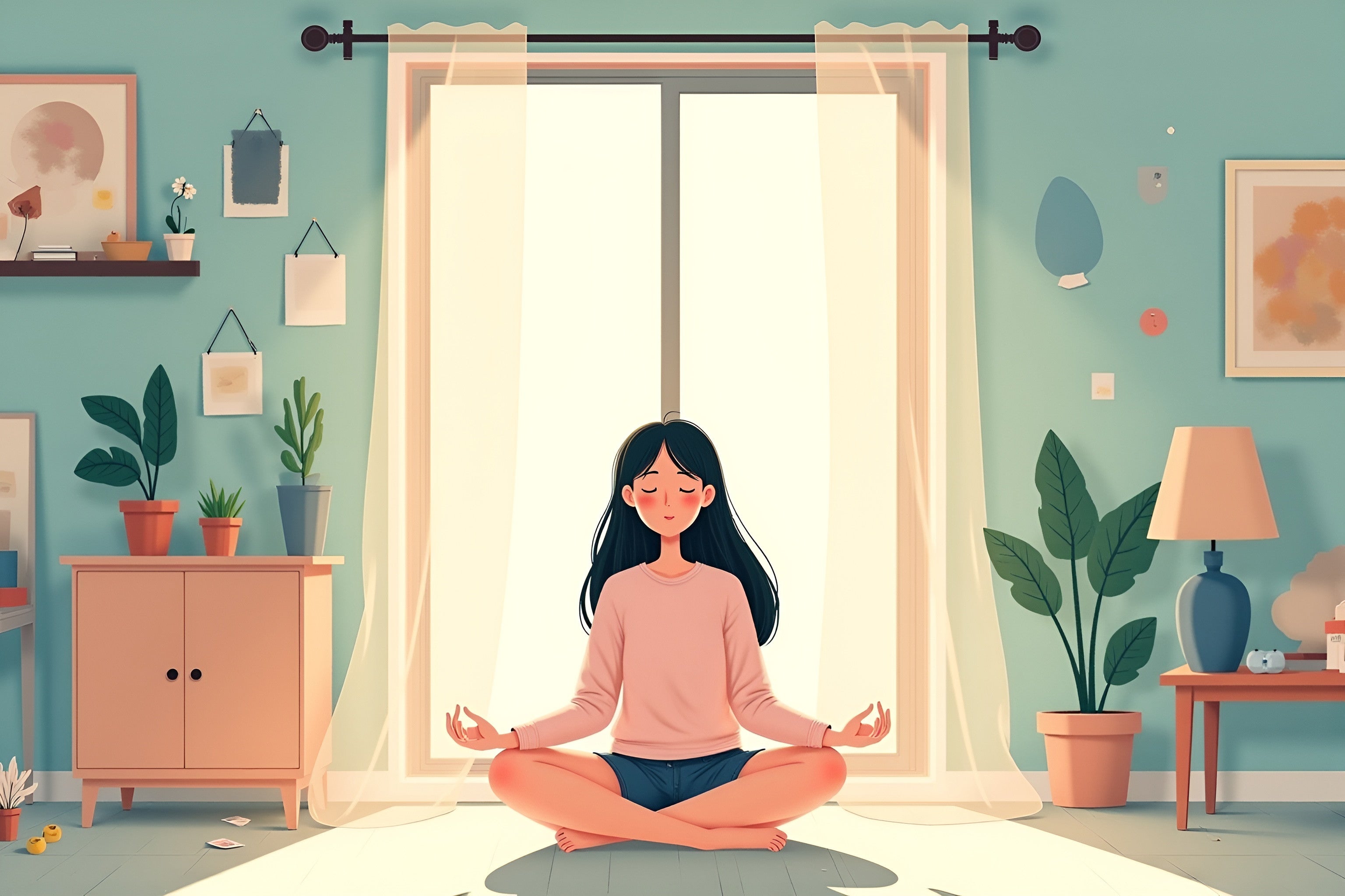 girl sitting in a lotus pose in the middle of the room and meditating in silence