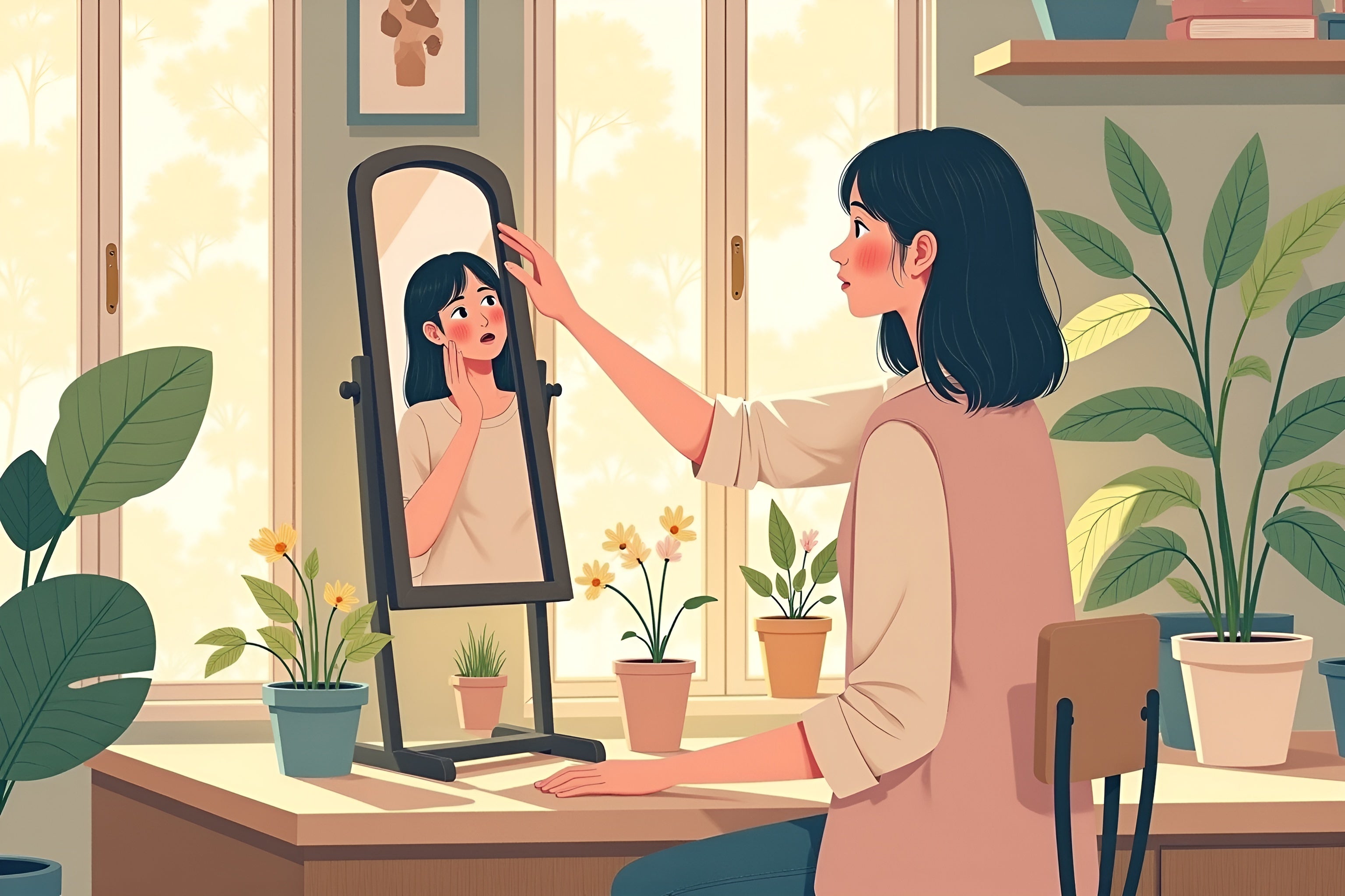 lady looking at the mirror and reflection is talking back to her