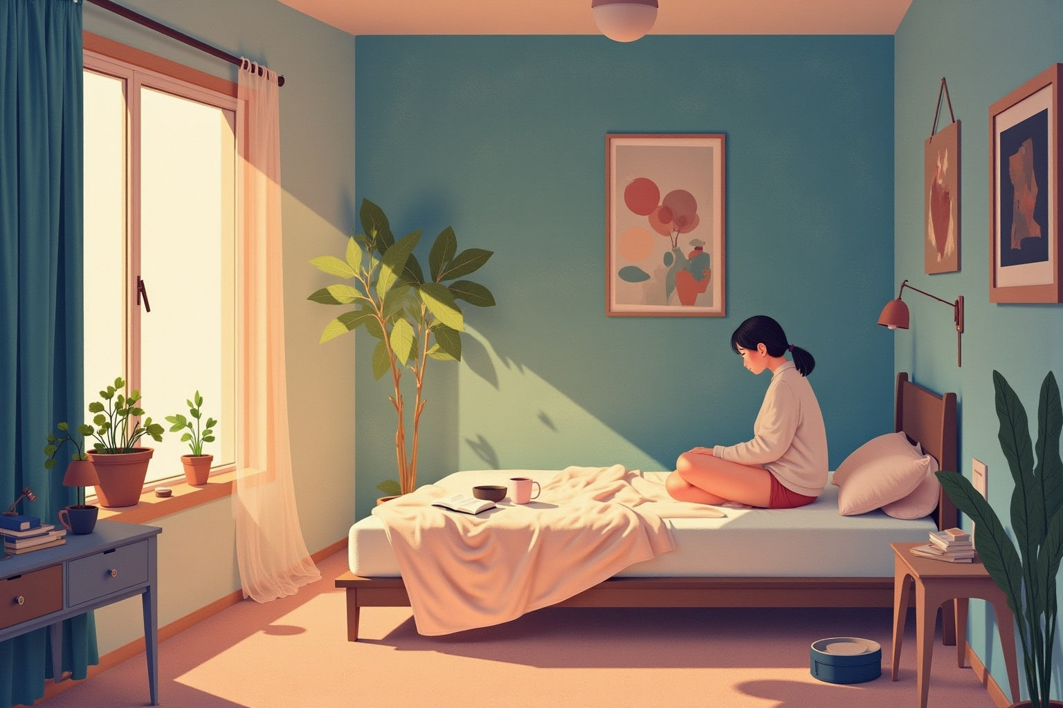 lady sitting in a messy room, alone feeling uninspired and stuck