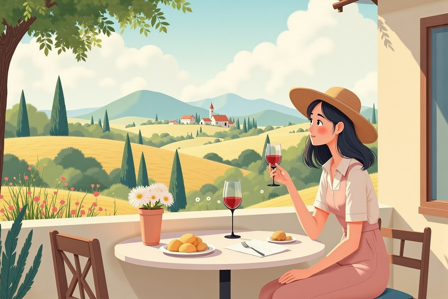 lady sitting in a balcony and enjoying a beautiful landscape as a main character in a romantic novel